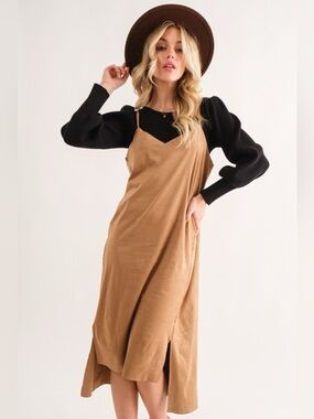 And The Why Faux Suede Cut Edge Slit Cami Midi Dress